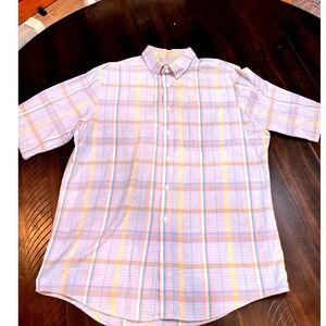 Saddlebrook Button Down Shirt Men L Pastel Plaid Short Sleeve Excellent USA Made